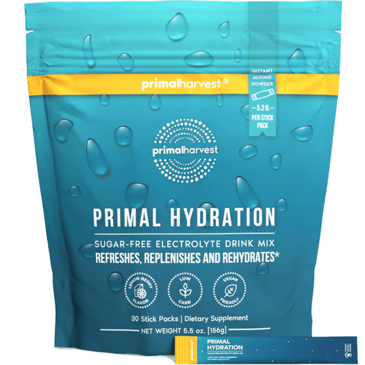 Primal Harvest electrolytes lemon-berry packet for on-the-go hydration.
