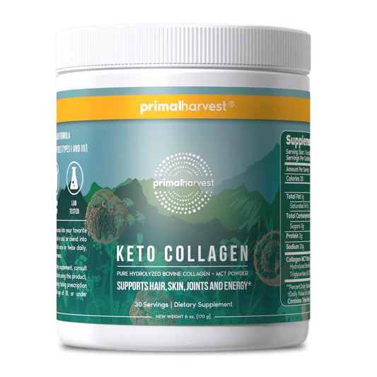 Primal Harvest Keto Collagen Powder bottle with MCT Oil for convenient low-carb support.