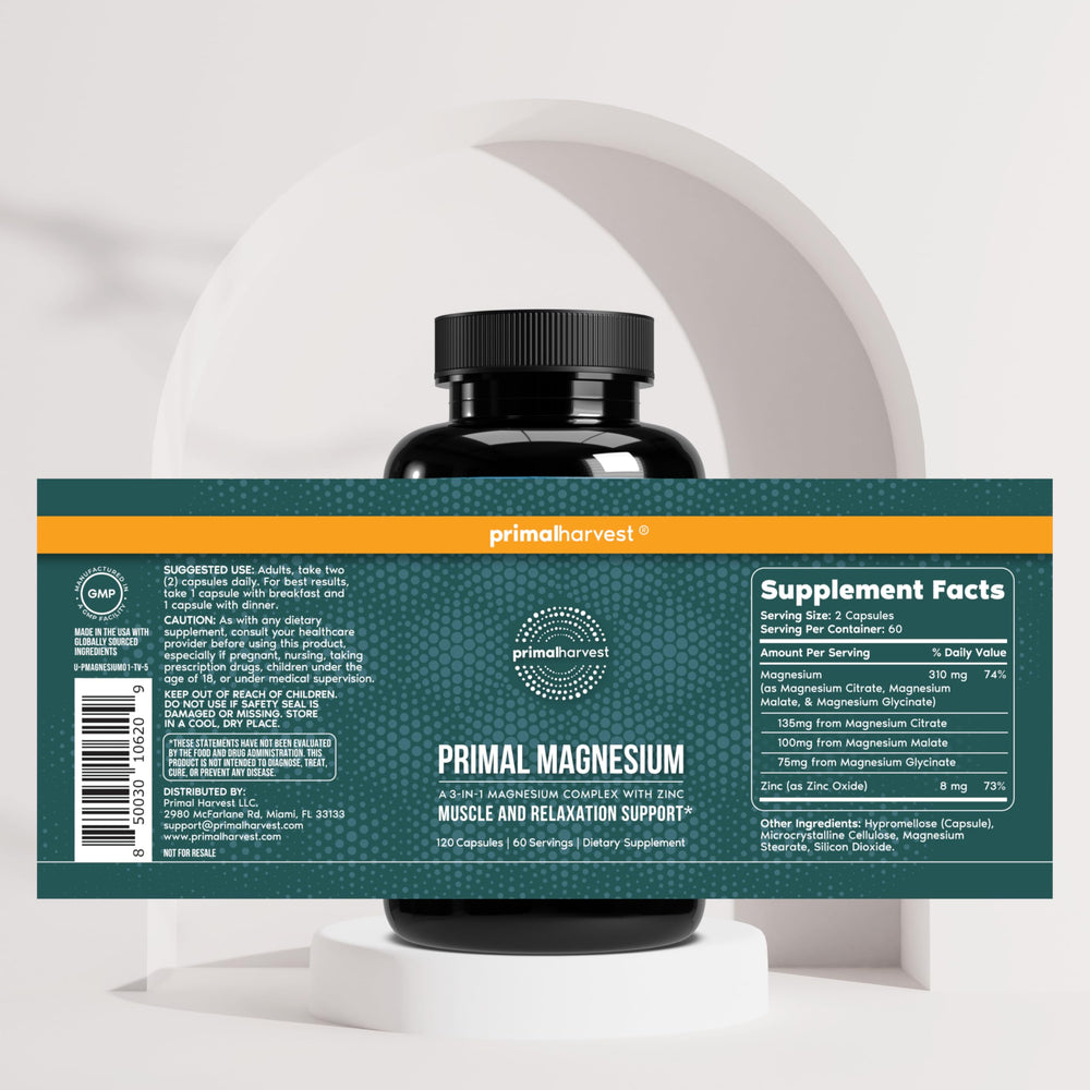 Front view of Primal Harvest Magnesium Complex box highlighting bone and energy support.