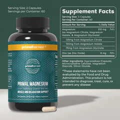 Closeup of Primal Harvest Magnesium Complex capsules showing the magnesium blend.