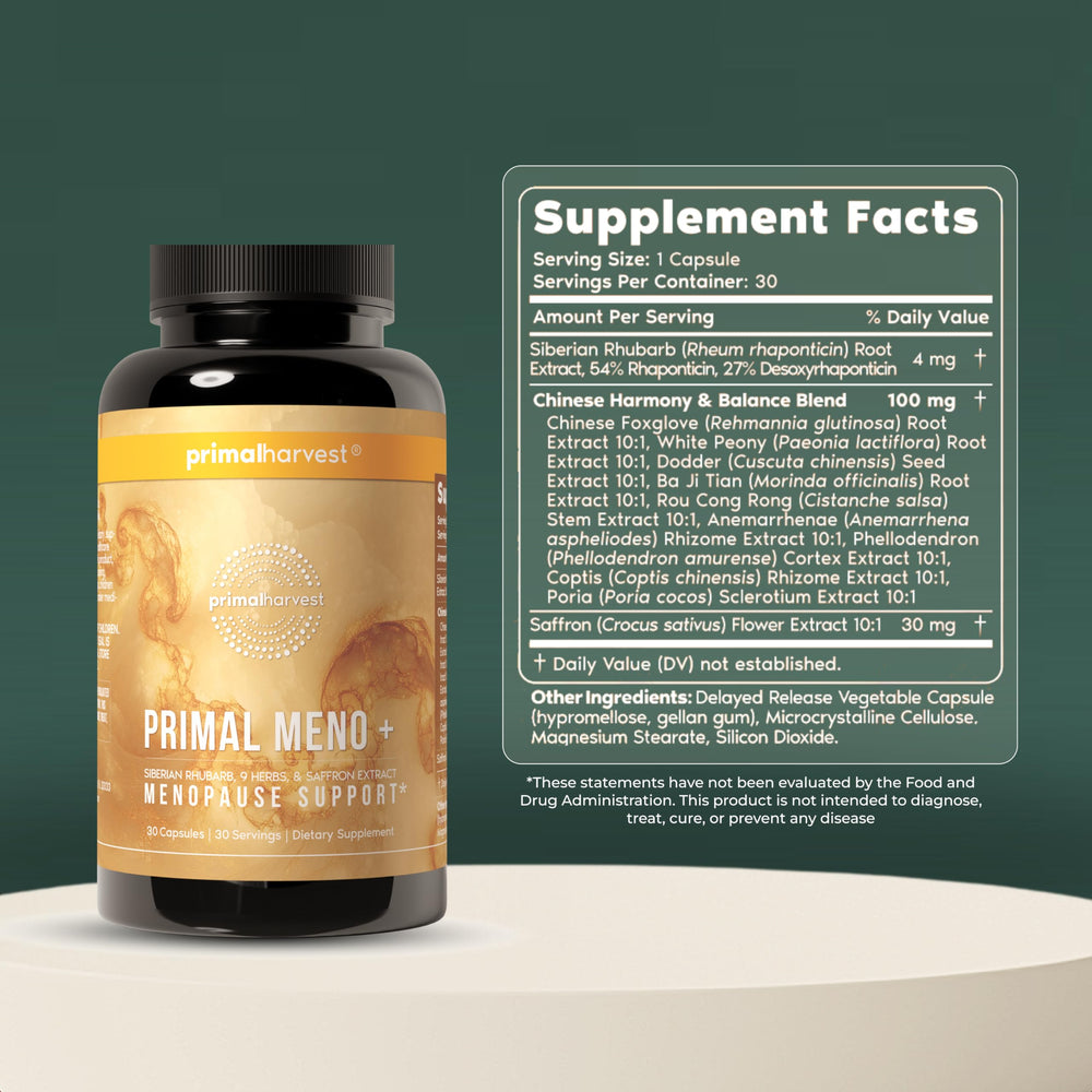 Primal Harvest Meno+ capsules close-up showing convenient supply.