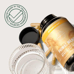 Primal Harvest Meno+ capsules on a desk implying daily wellness routine.