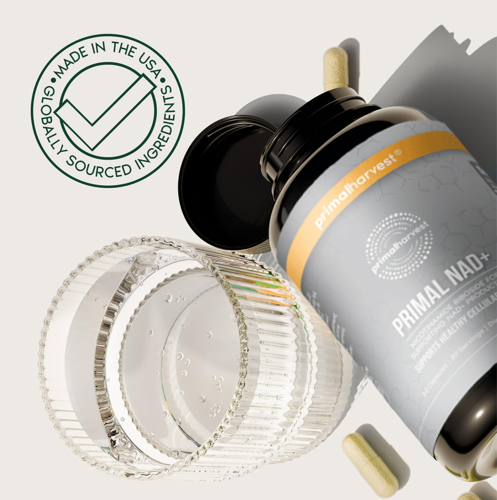 Primal Harvest NAD+ label: gluten-free, dairy-free, soy-free formulation.