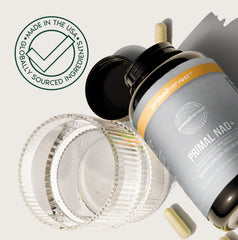 Primal Harvest NAD+ label: gluten-free, dairy-free, soy-free formulation.