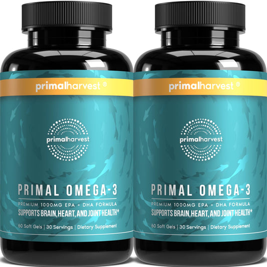 Primal Harvest Omega-3 softgels bottle front showing label and product name, ideal for daily use