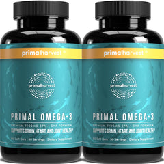Primal Harvest Omega-3 softgels bottle front showing label and product name, ideal for daily use