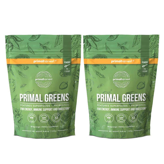 Primal Harvest Primal Greens packaging highlights complete daily nutrition at a glance