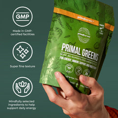 Primal Greens probiotics note indicating gut-friendly formula for digestion support