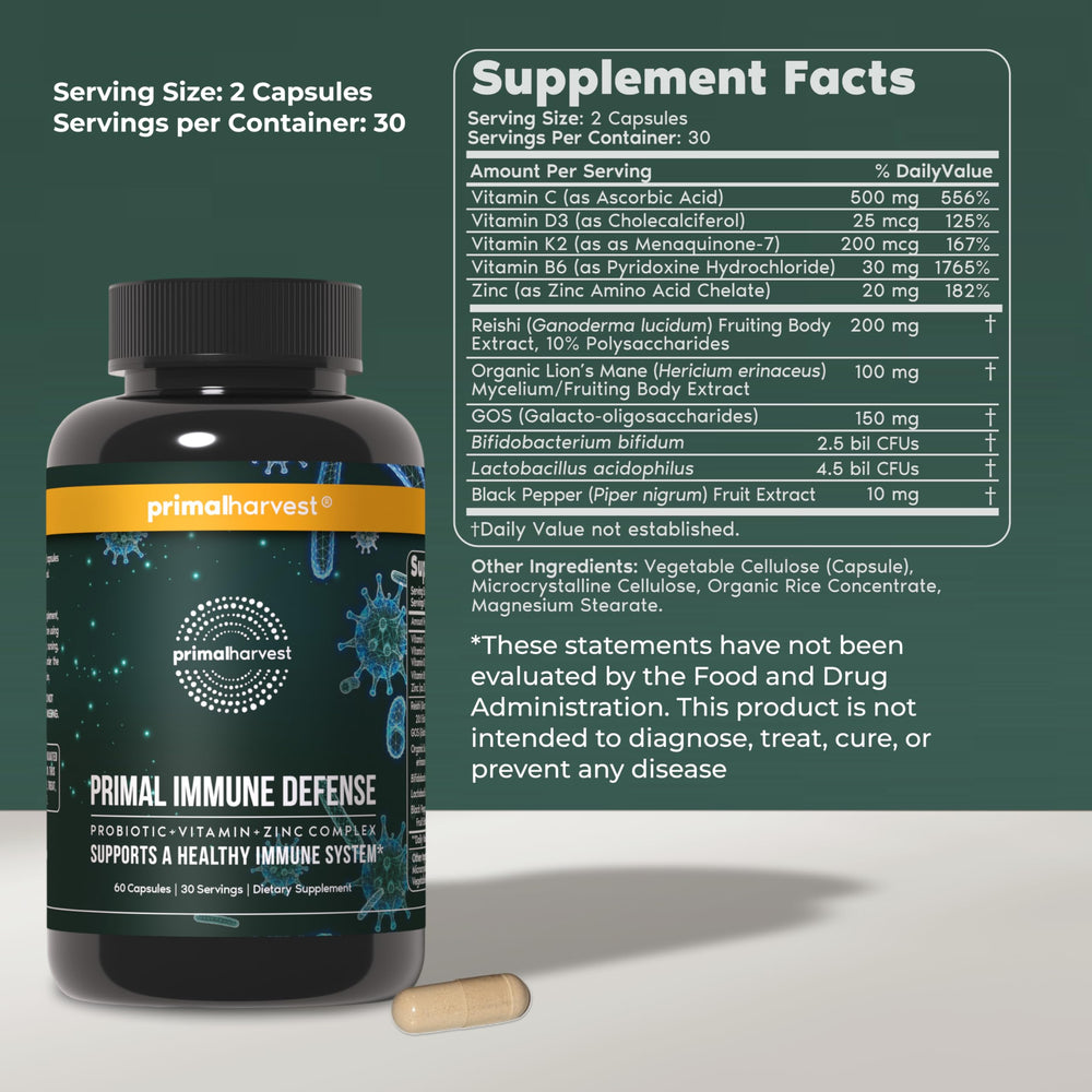 Primal Harvest Primal Immune Defense bottle label shows vitamins and minerals