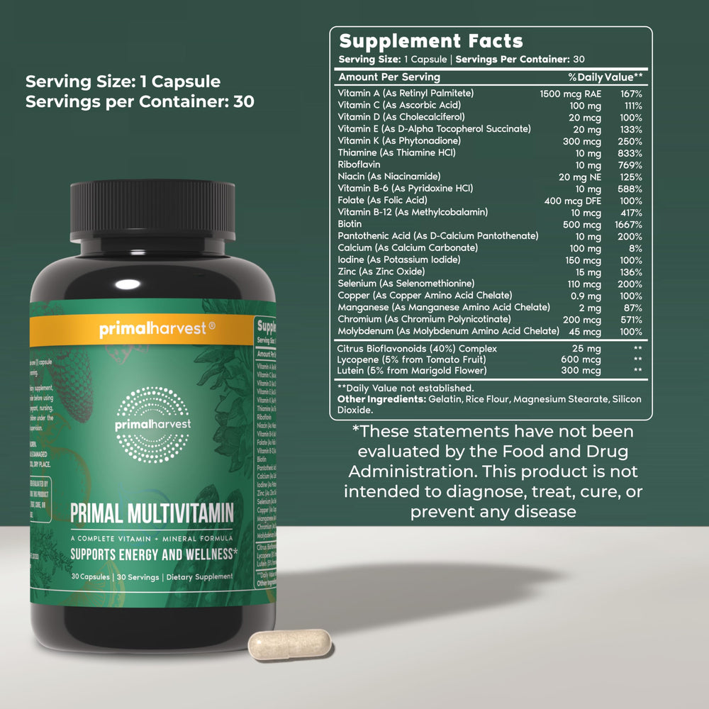 Primal Harvest Primal Multivitamin capsules close-up showing texture for energy support.