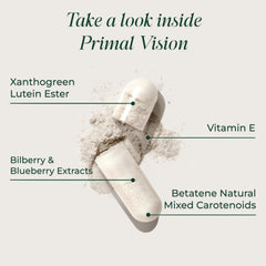 Primal Harvest Primal Vision bottle pour illustrating daily dosage of two capsules.