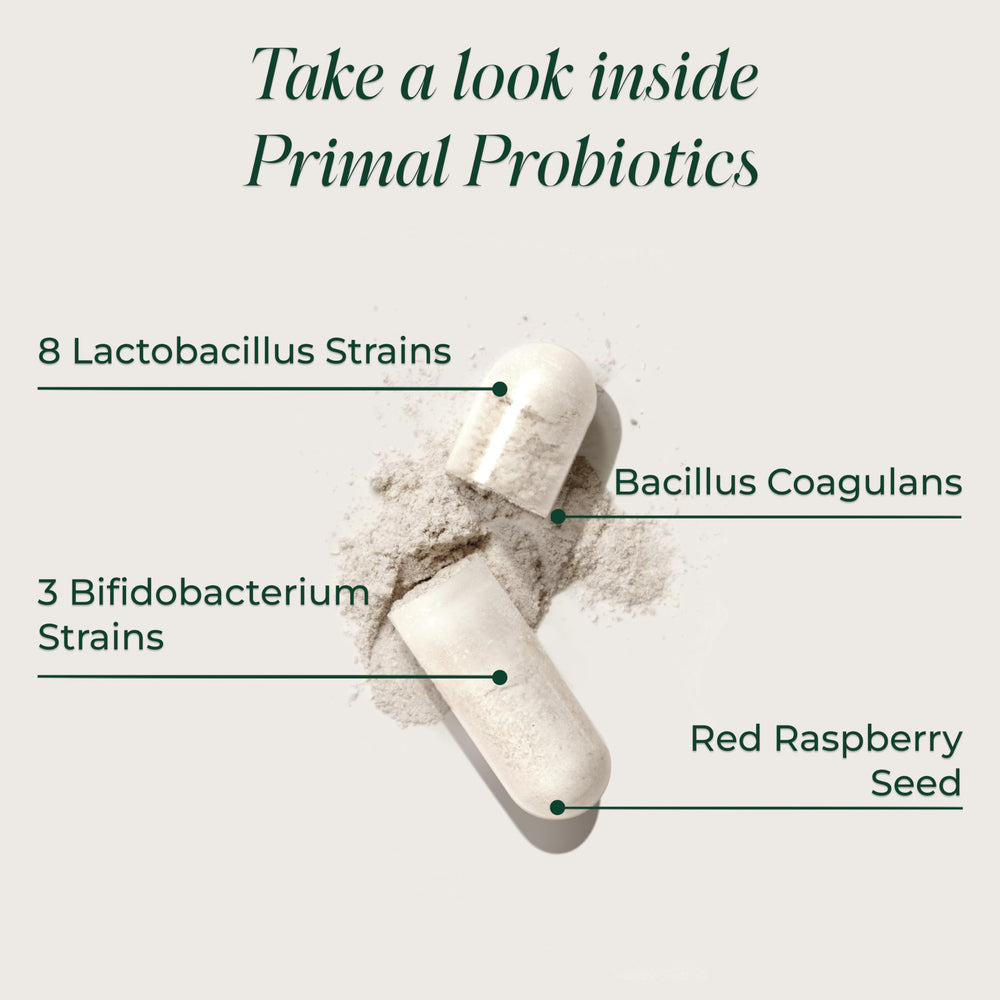 Primal Harvest Probiotics label and prebiotic blend highlighting diverse strains.