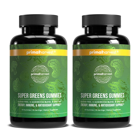 Primal Harvest Super Greens Gummies bottle front, berry flavor, convenient daily energy support.