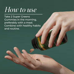 Primal Harvest Super Greens Gummies ingredient label closeup showing nutrients and mushrooms.