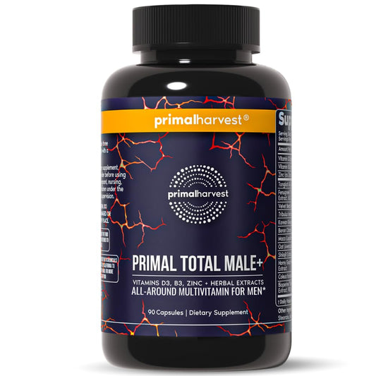 Primal Harvest Total Male+ bottle image highlighting daily energy and vitality support