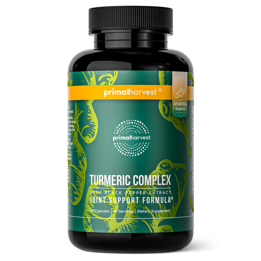 Primal Harvest turmeric complex bottle front with 60 capsules for daily wellness.