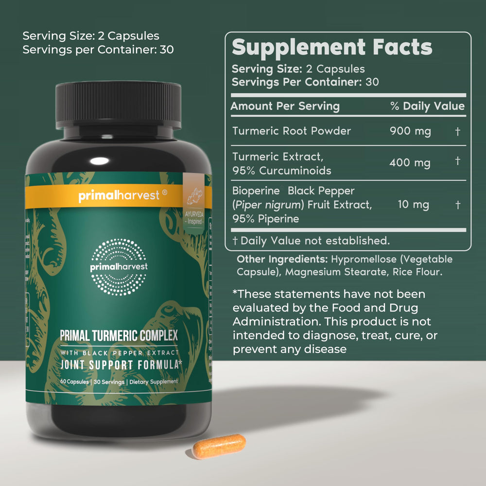 Primal Harvest turmeric complex bottle label showing ingredients and usage guidance.