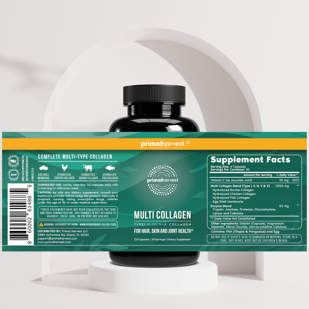 Primal Harvest Vitamin C enriched collagen formula supports skin vitality.