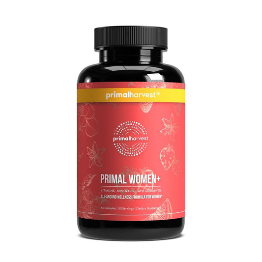 Primal Harvest Women+ bottle showing daily multivitamin for energy and immunity.