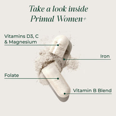 Primal Harvest Women+ label close-up featuring key vitamins.