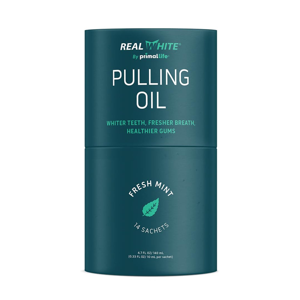Primal Life Organics Real White Pulling Oil sachet in fresh mint for convenient daily whitening.