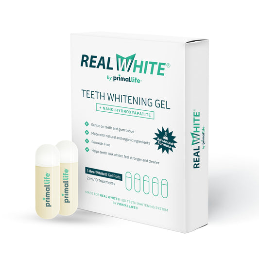 Primal Life Organics Real White Gel Pods packshot showcasing an organic at-home whitening option