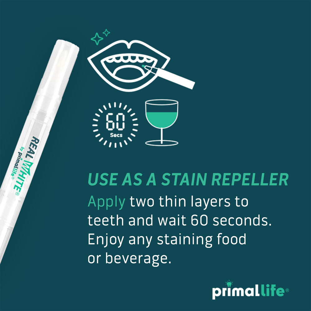 Primal Life Organics Real White Teeth Whitening Pens packaging shown for home use