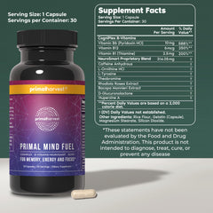 Primal Mind Fuel capsule close-up showing cognitive-boosting pills.