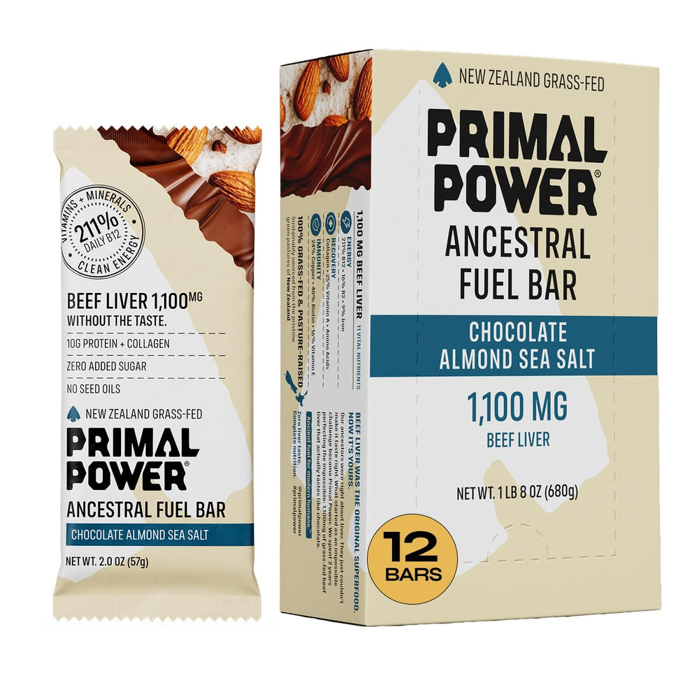 Primal Power beef liver bar chocolate almond sea salt pack, ideal post-workout protein boost