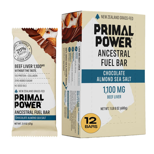 Primal Power beef liver bar chocolate almond sea salt pack, ideal post-workout protein boost
