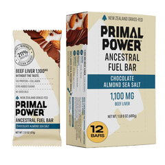 Primal Power beef liver bar chocolate almond sea salt pack, ideal post-workout protein boost