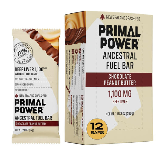 Primal Power beef liver bar packaging showcases grass-fed nutrition in a chocolate peanut butter format.