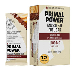 Primal Power beef liver bar packaging showcases grass-fed nutrition in a chocolate peanut butter format.