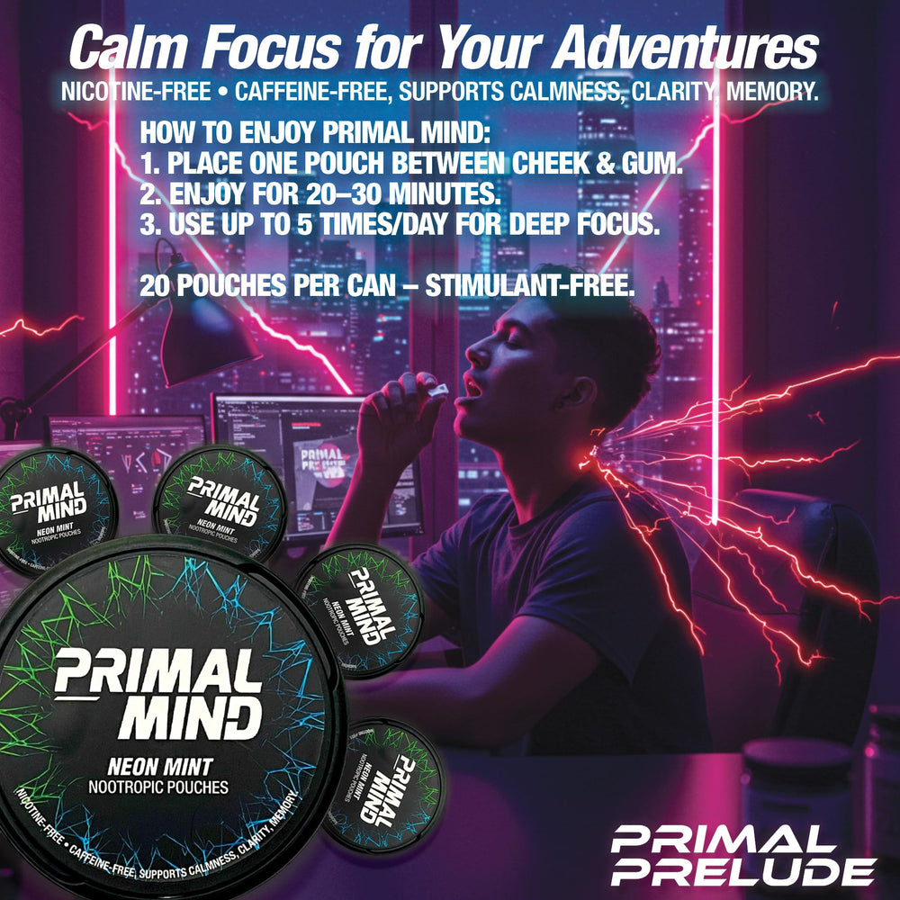Primal Prelude Neon Mint can front view highlighting portable cognitive support.