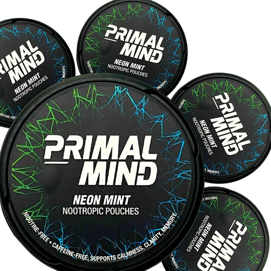 Primal Prelude Neon Mint pouch closeup for discreet, caffeine-free focus.