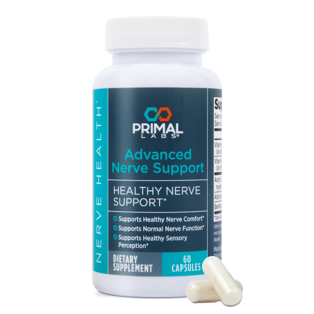 Primal Labs Advanced Nerve Support bottle with capsules for daily nerve comfort and vitality.