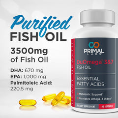 Primal Labs DuOmega 3&7 bottle pour illustrating easy daily intake.
