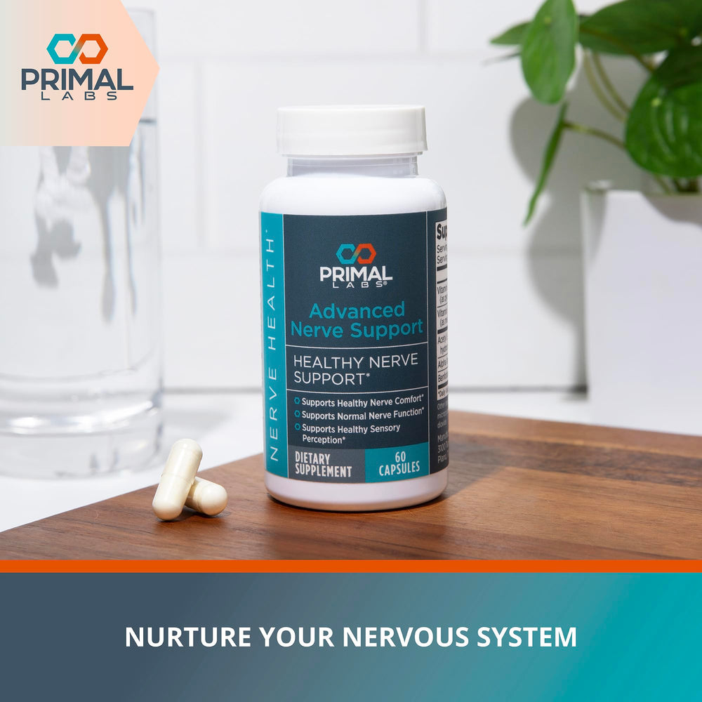 Primal Labs Advanced Nerve Support label detail highlights key ingredients for well-being.