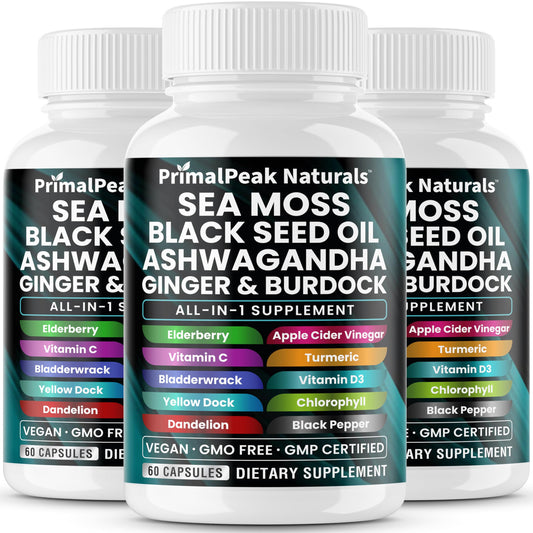 PrimalPeak Naturals sea moss bottle on counter suggesting daily vitality support