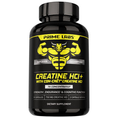 Prime Labs Creatine HCl bottle showcases compact capsules for on-the-go strength support.
