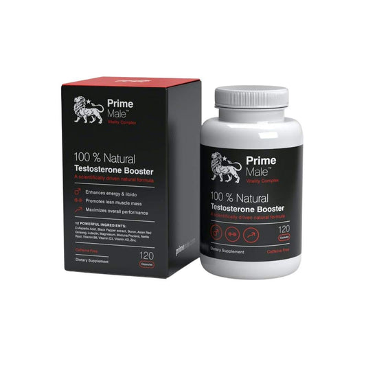 Prime Male Vitality energy bottle highlights daily energy support.