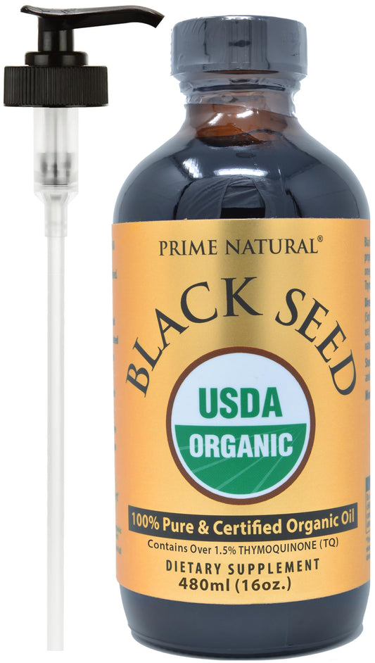 Prime Natural Organic Black Seed Oil bottle pour supports daily wellness