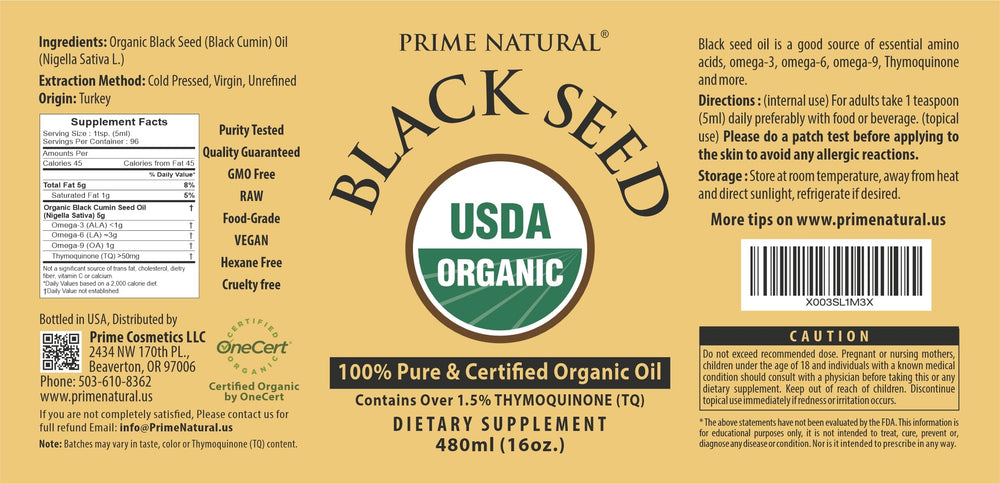 Prime Natural Black Seed Oil USDA-certified seal and Turkey origin