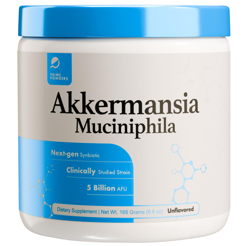 Prime Powders Akkermansia powder bottle for easy daily gut balance support.