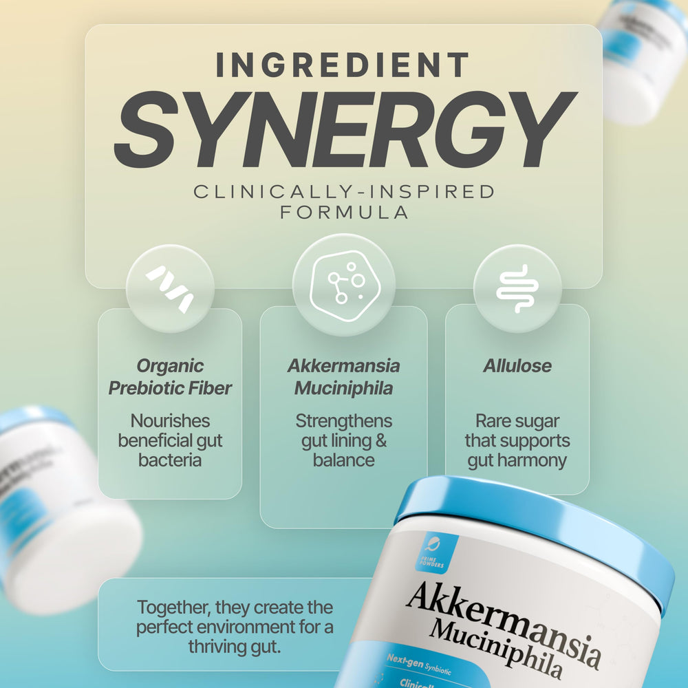 Prime Powders Akkermansia powder pour with an easy-to-use bottle for daily routine.