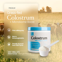 Prime Powders Colostrum Akkermansia label close-up for gut balance support.