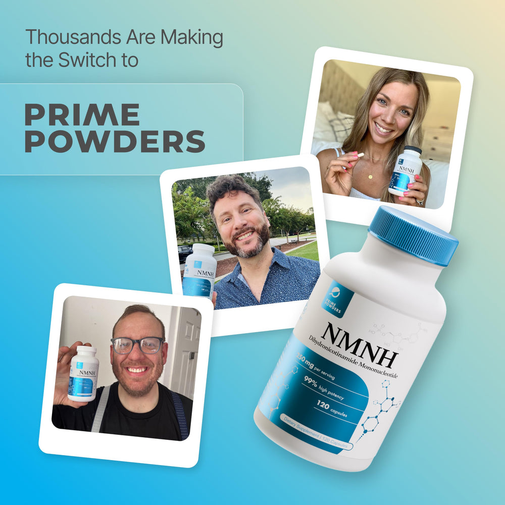 Prime Powders NMNH packaging box highlights NMNH branding and dosage.
