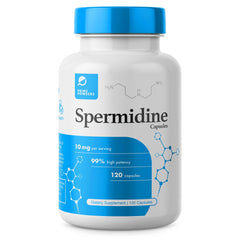 Prime Powders spermidine capsules bottle close-up highlighting purity and gluten-free status.