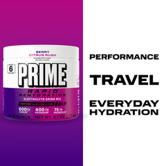 Prime Rapid Rehydration powder beside gym bag for on-the-go hydration