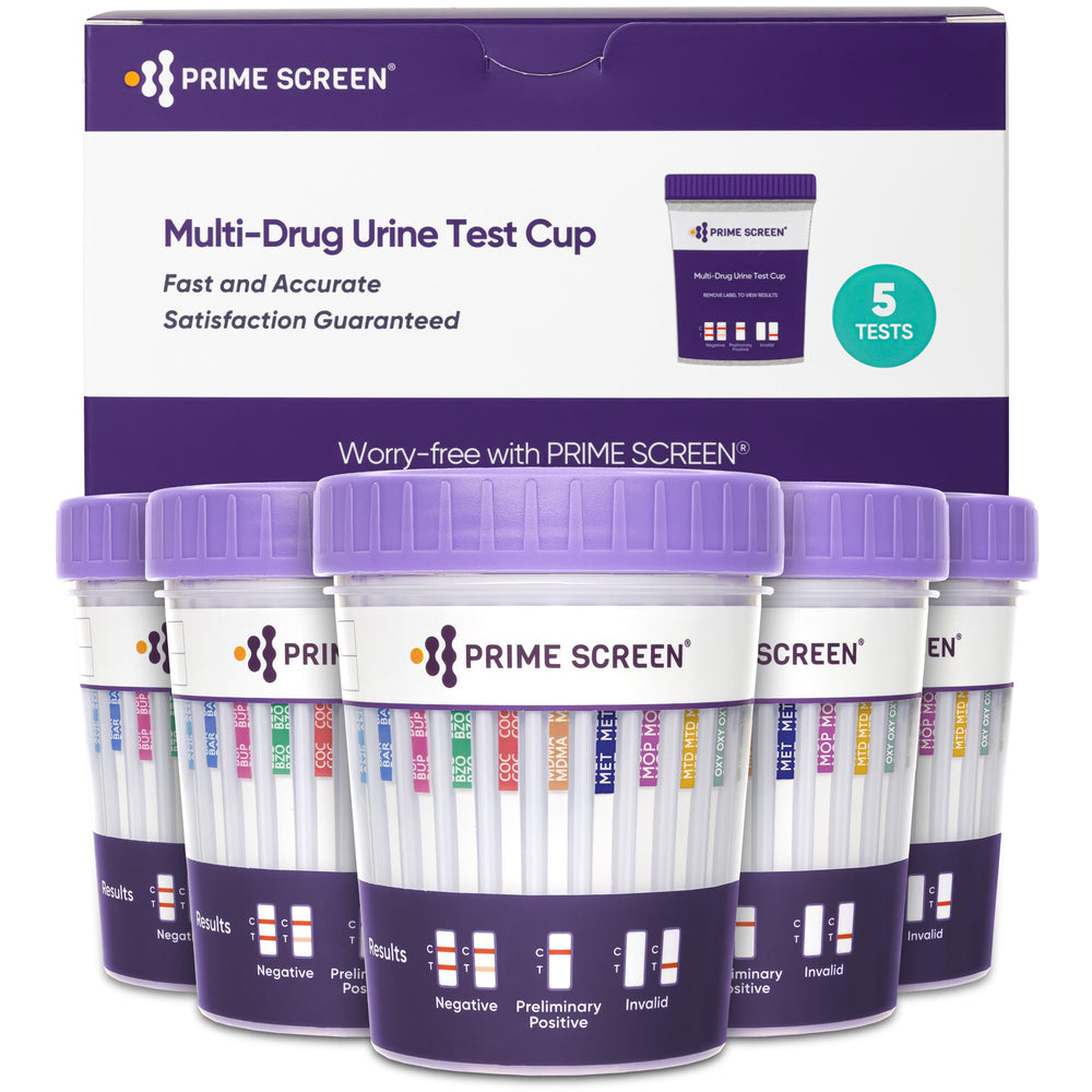 Prime Screen 18-panel urine test cup for comprehensive home screening.